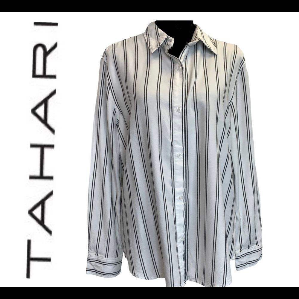 TAHARI white black pinstripe button-down long sleeve shirt size large